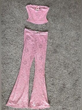 Pink Lace Crop Top and Flared Pants Set